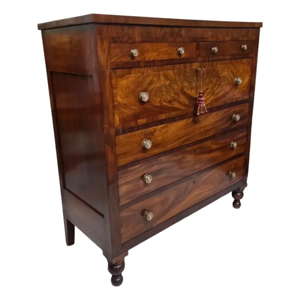 American Classical Bookmatched Crotch Black Walnut Chest of Drawers With Turned Bun Feet, Circa 1845