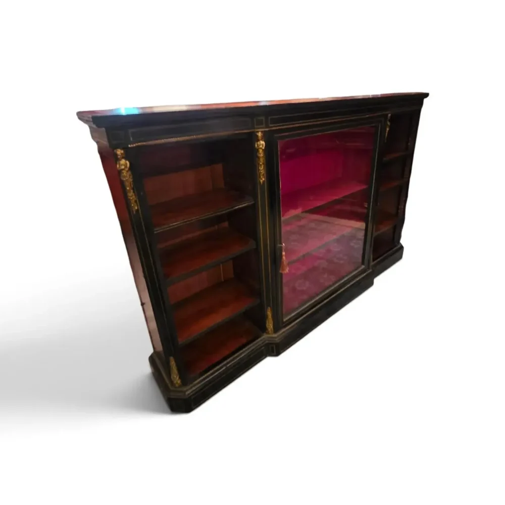 Rare Victorian Ebonized Display Side Cabinet With Clear Glass Door, Gilt Caryatids & Edwards & Roberts Provenance, London, Circa 1870