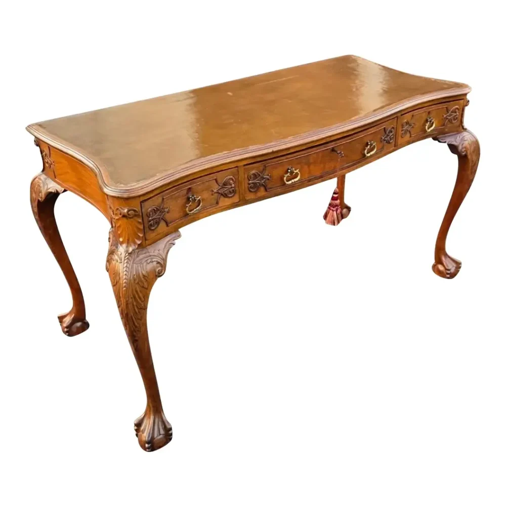 Fine American Chippendale Revival Carved Walnut Leather Top Writing Desk With Ball-and-Claw Feet, Circa 1940