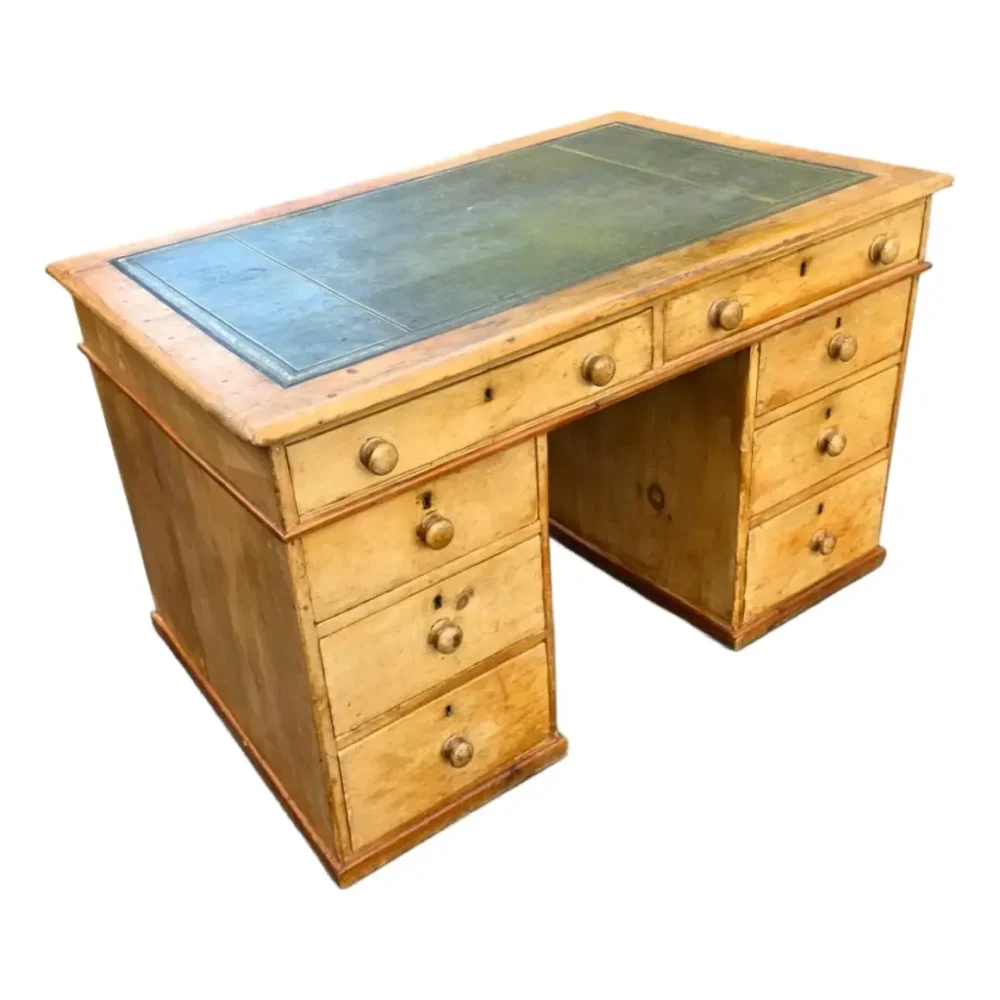 English Mid-Victorian Country House Pine Pedestal Desk With Original Gilt-Tooled Green Leather Top, Circa 1840–1860