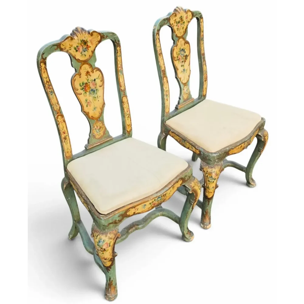 Pair of Italian Venetian Rococo Revival Hand-Painted Polychrome and Parcel-Gilt Side Chairs With Floral Decoration, Circa 1920