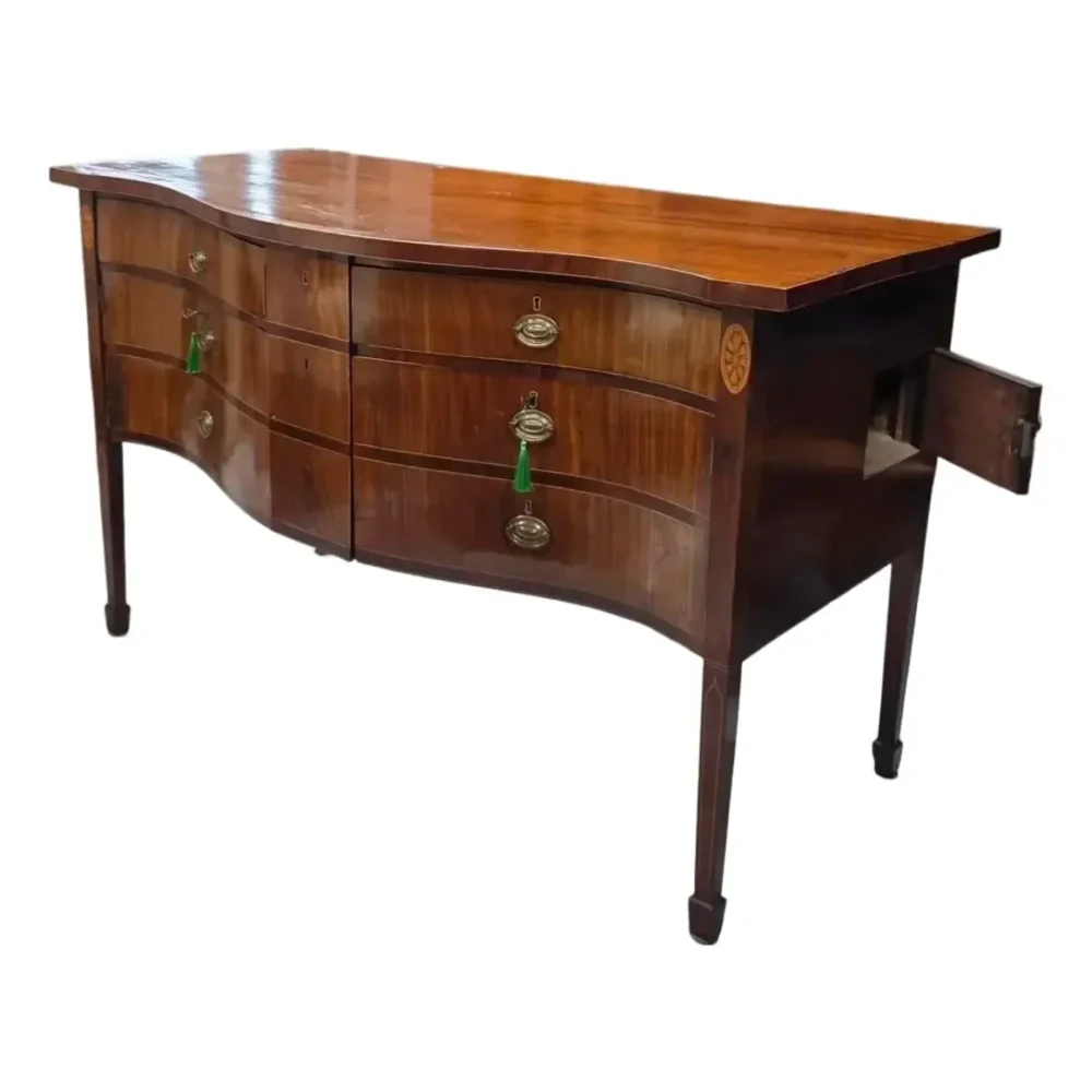 English George III Hepplewhite Serpentine Mahogany Sideboard W/Solid Slab Top Faux Drawer Fronts, Concealed Twin Cabinets & Side Access Door,1790–1805