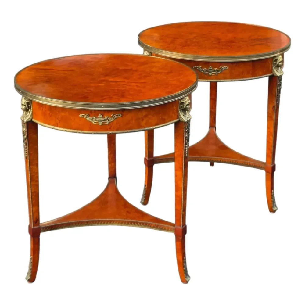 Pair of Mid 20th Century John Widdicomb Neoclassical Figured Burlwood Side Tables With Brass Galleries and Bronze Ram's Head Mounts