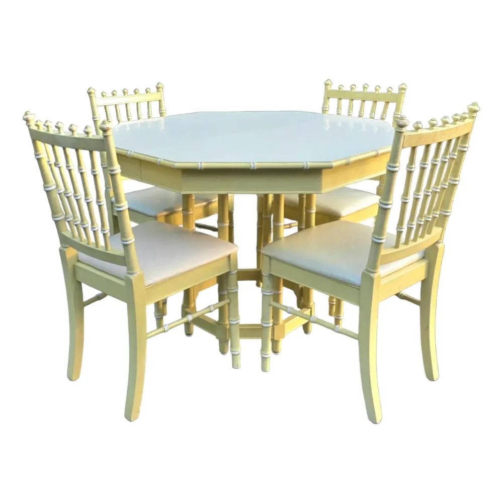 Thomasville Hollywood Regency Faux Bamboo Octagonal Dining Table and Four Side Chairs in Ivory Lacquer, Circa 1980